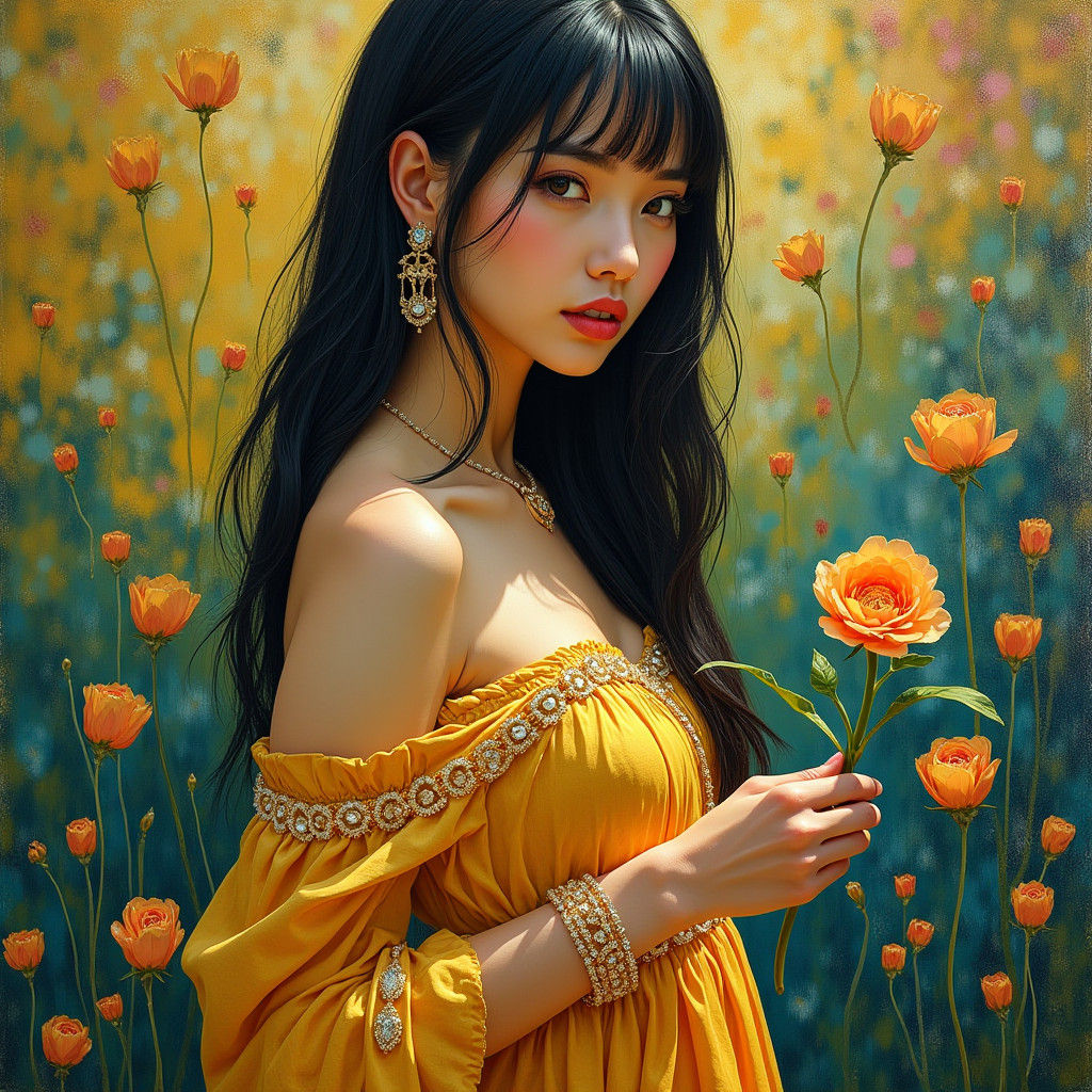 Woman in Gold Dress: Post-Impressionist Portrait