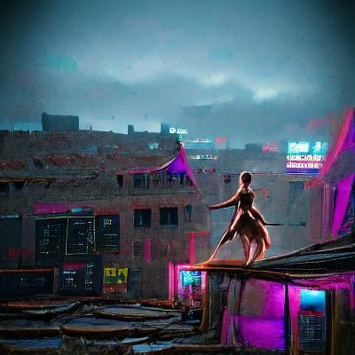 Cyberpunk Ballerina Dancing on Neon Rooftop