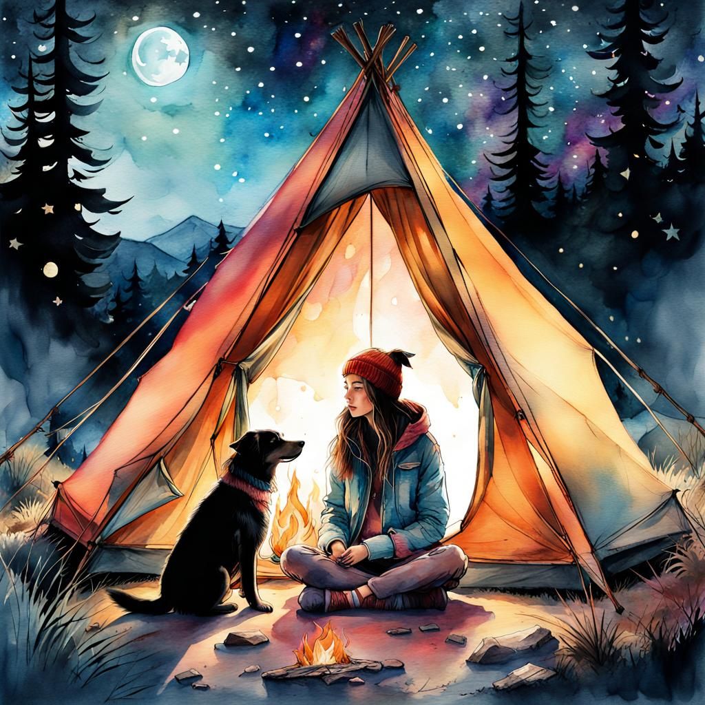 Girl Camping with Dog in Watercolor Illustration