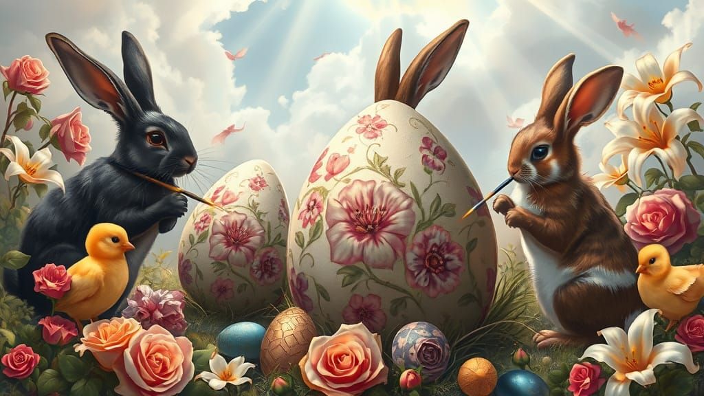 Rabbits and Chicks Painting Easter Eggs in Fantasy Landscape