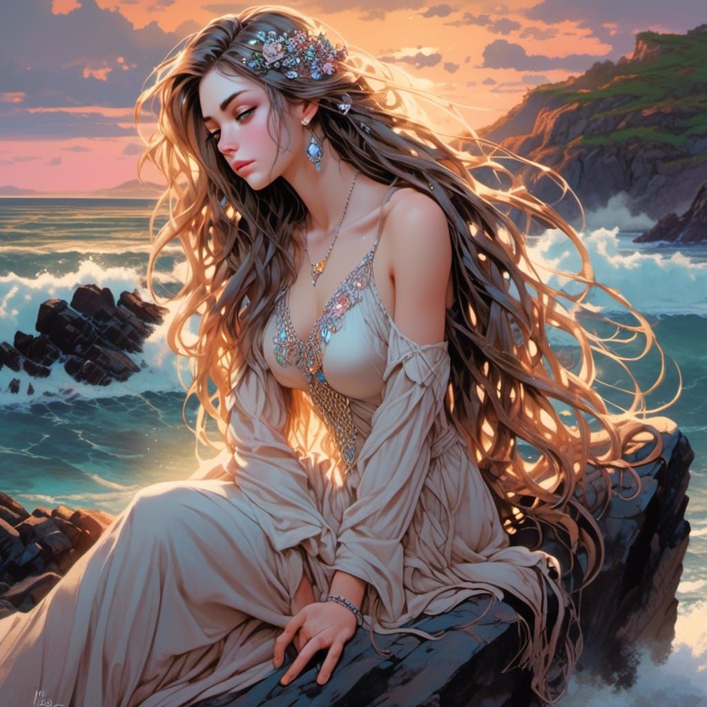 Sunset Contemplation: Woman in Nouveau Art Style