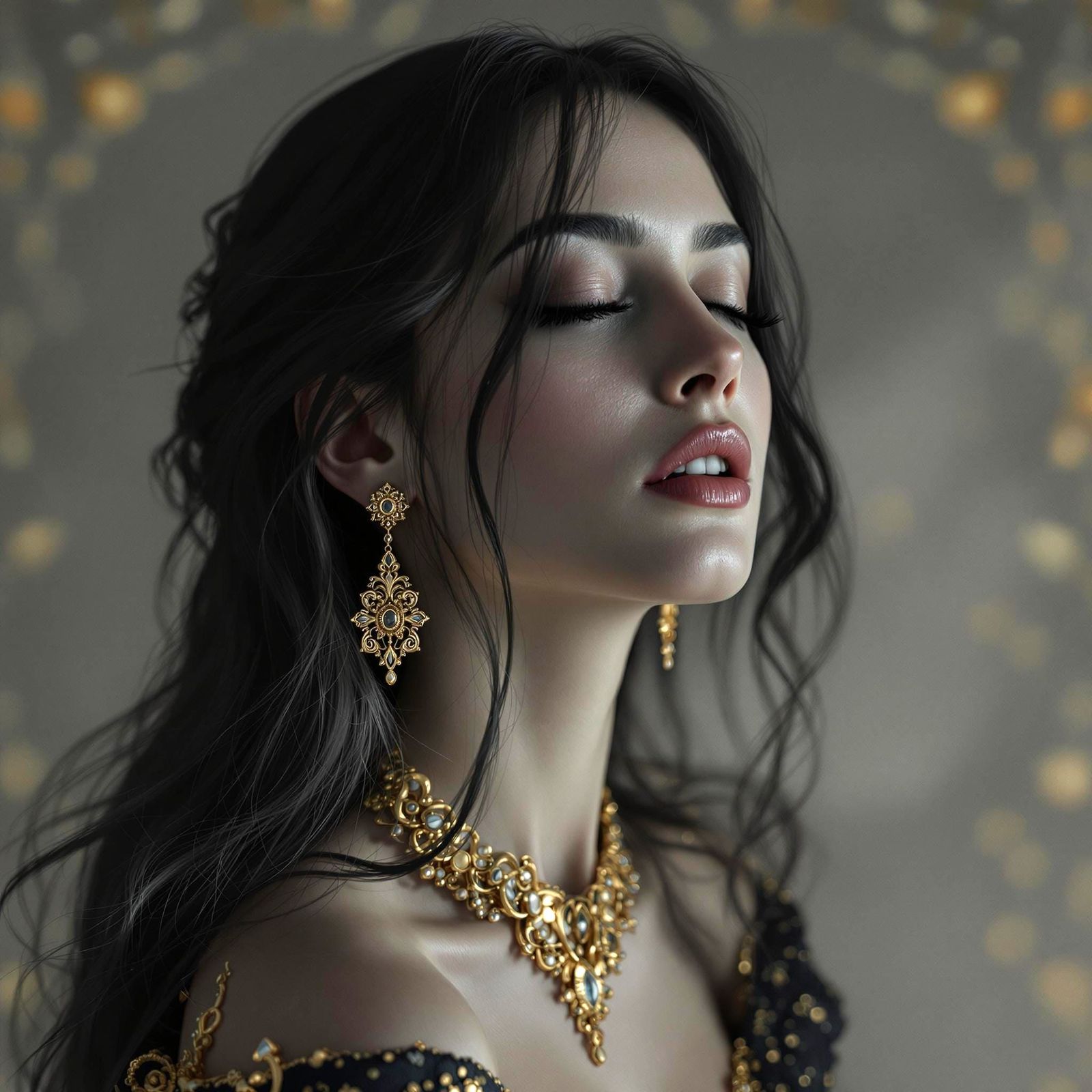 Serene Photorealistic Portrait in Black and Gold