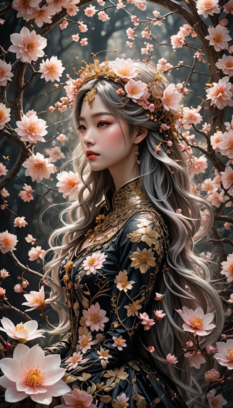 Surreal Nymph with Blossoms in Oil on Canvas