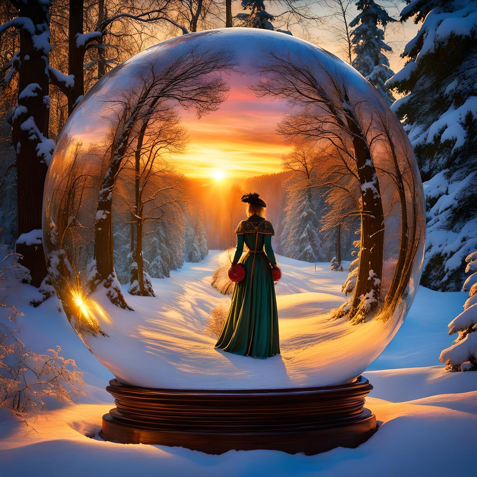 Snowy Road in Sparkling Art Nouveau Globe