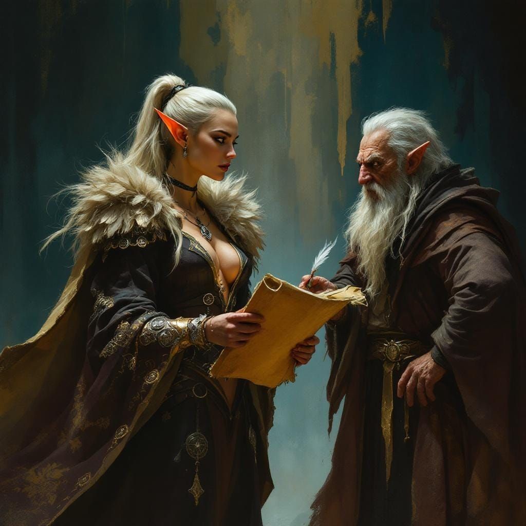 Elvish Loremistress in a Matte-Painted Fantasy Scene