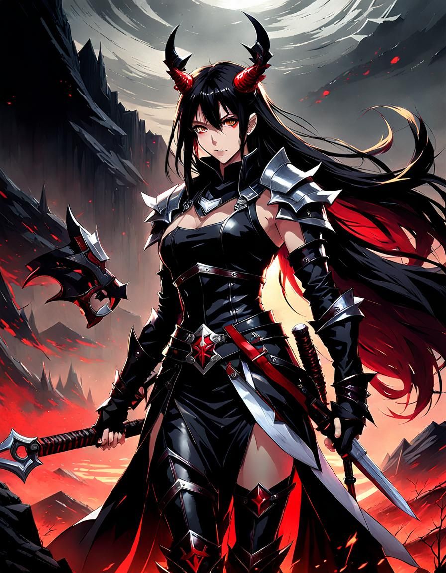 Anime, animated demon lady with small horns, long black hair...