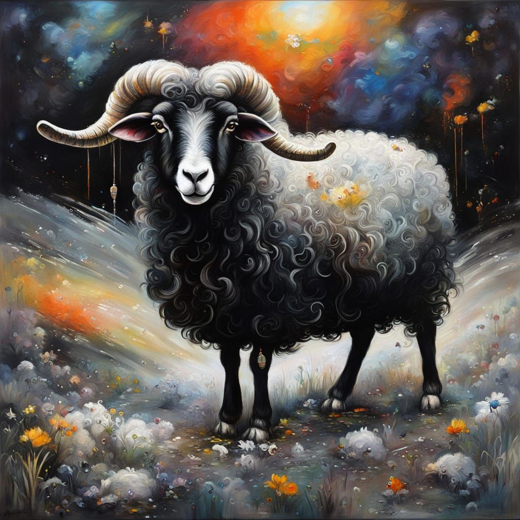 Whimsical Black Sheep with Silver Bell in Oil Painting Style