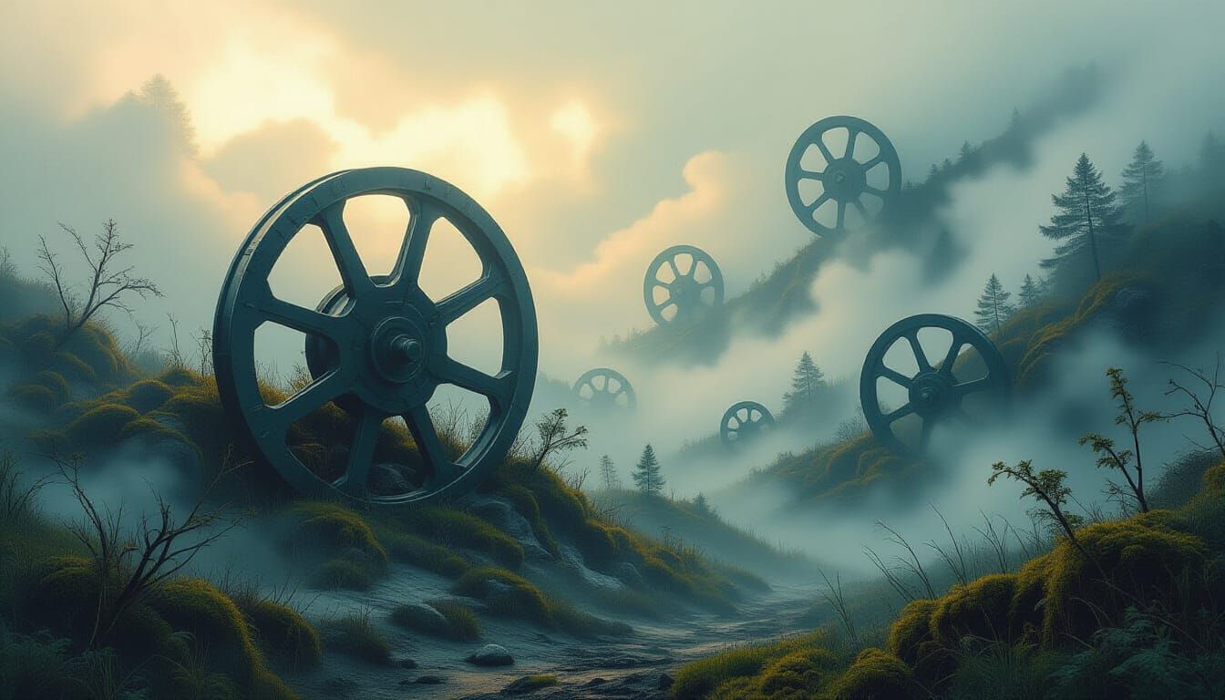 Surreal Biomechanical Landscape with Unwinding Reels