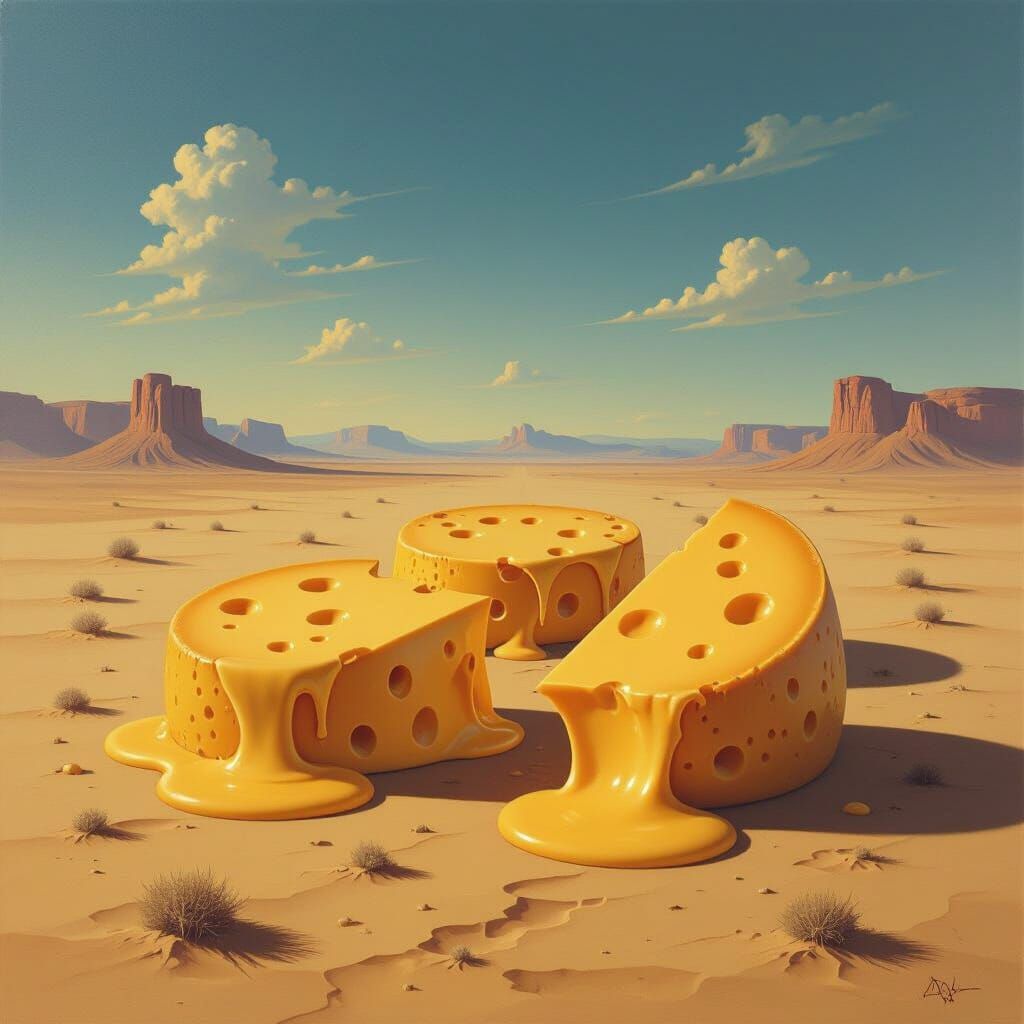 Surreal Melting Cheese Desert Landscape Oil Painting