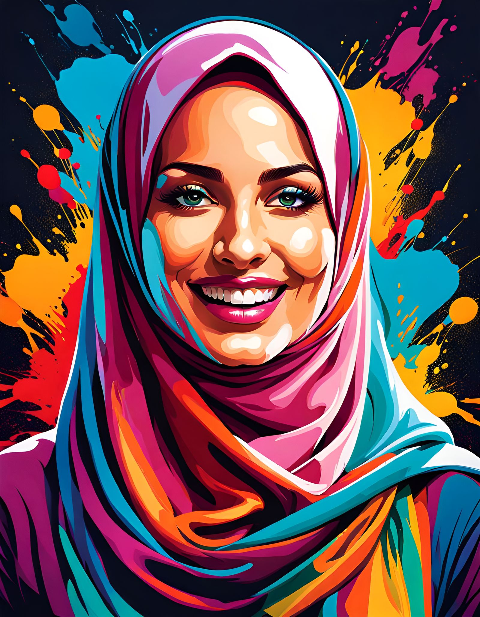Elegant Hijabi Woman in Colorful Street Art Style