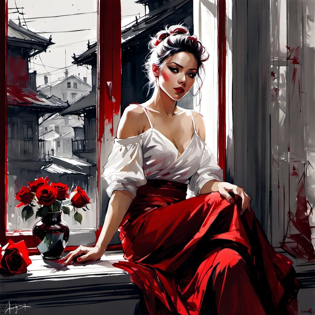 Maki Jujutsu Kaisen: Woman with Rose, Pencil Sketch