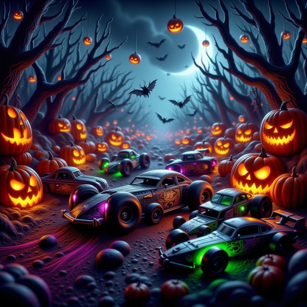 Halloween Hot Wheels Scene in Cinematic Digital Matte Style