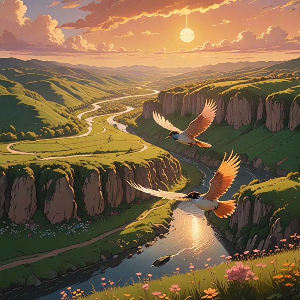 Bird's Eye View Valley in Ghibli-Inspired Style