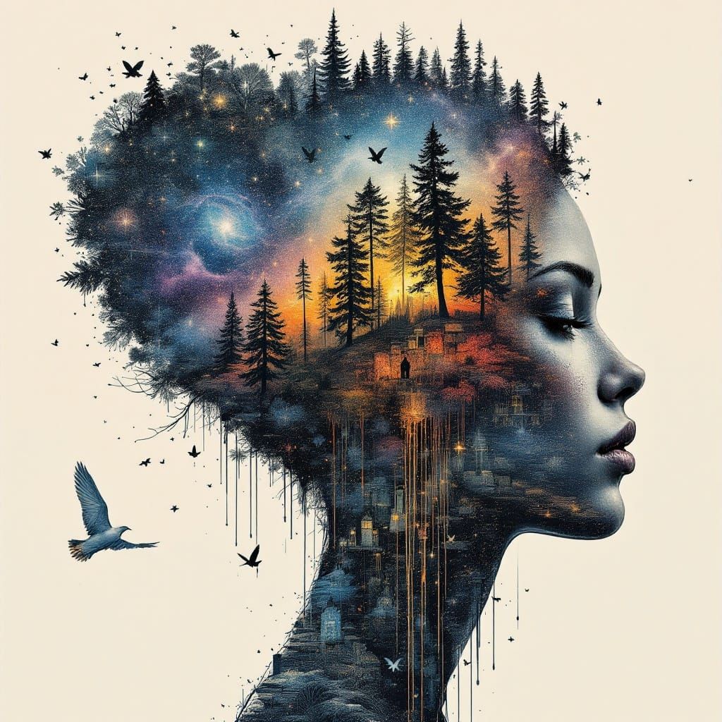 Surreal Galaxy Landscape with Intricate Silhouette Princess