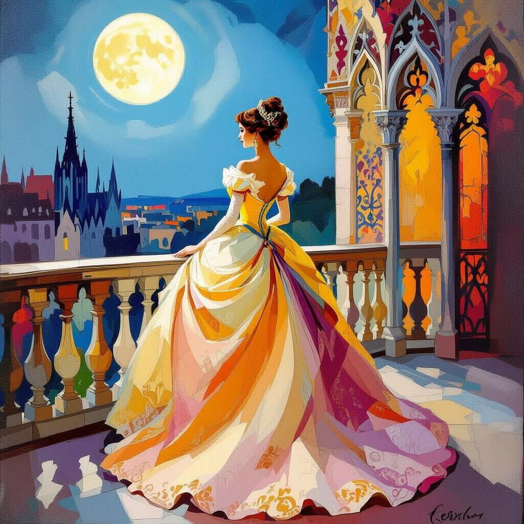 Gothic Princess on Balcony in Romantic Painting Style