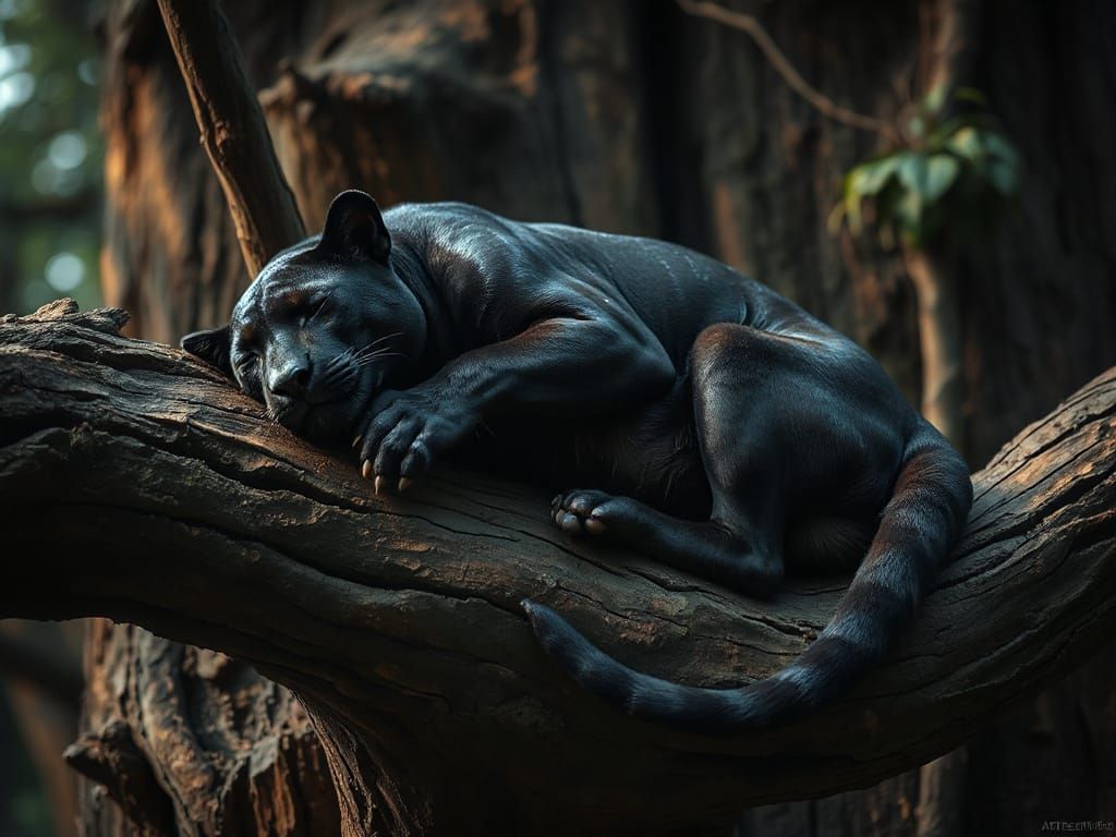 Oil Paint Black Panther Sleeping on Tree Branch