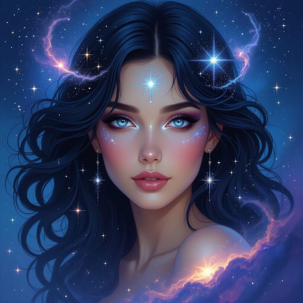 Gemini Woman Portrait With Cosmic Hair in Digital Art Style