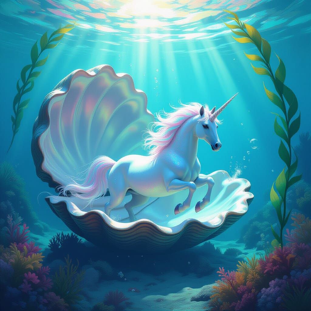 Underwater Unicorn Swimming Through Clamshell, Fantasy Scene