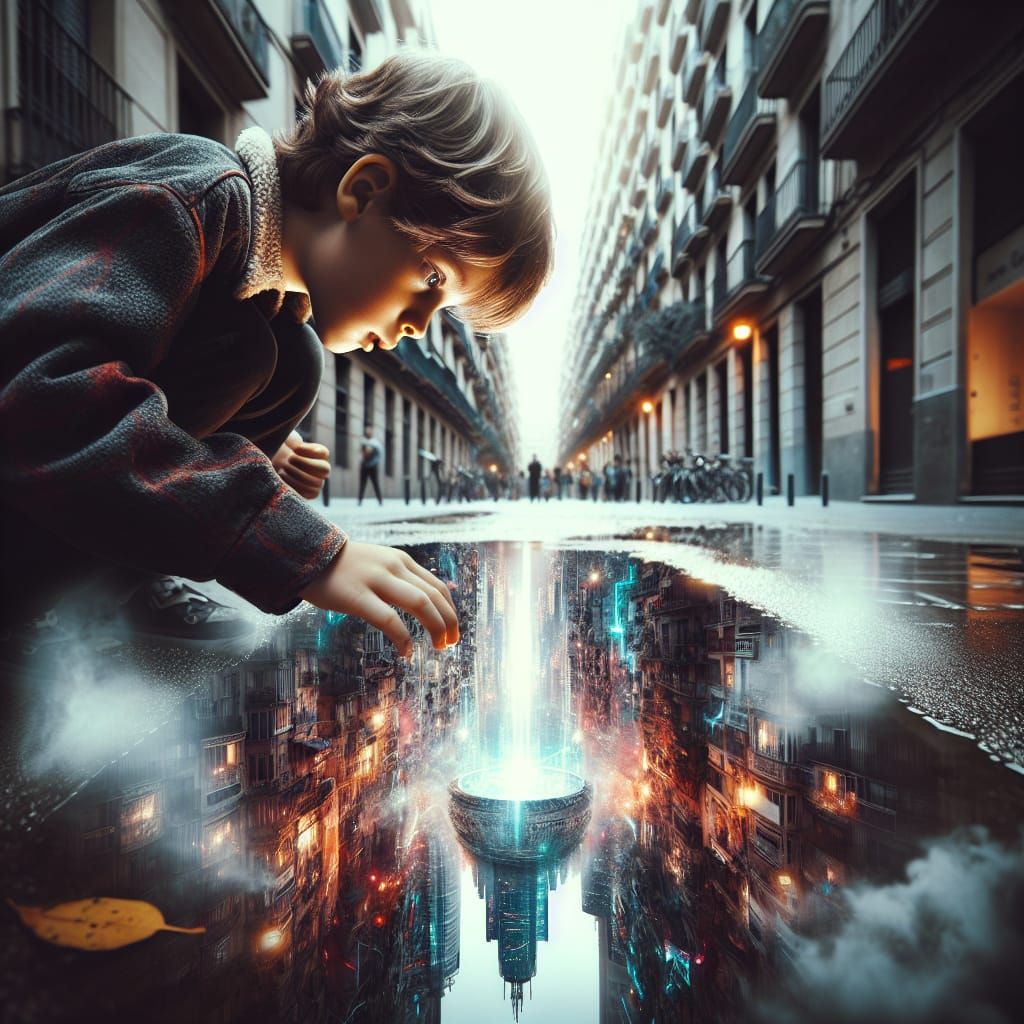 Boy and Puddle Portal to Cyberpunk Barcelona