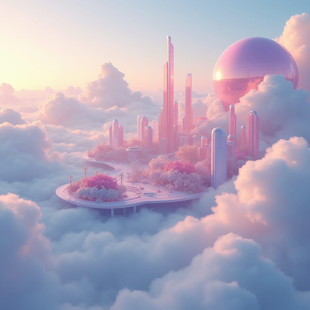 Futuristic City in Clouds with Bioluminescent Flora