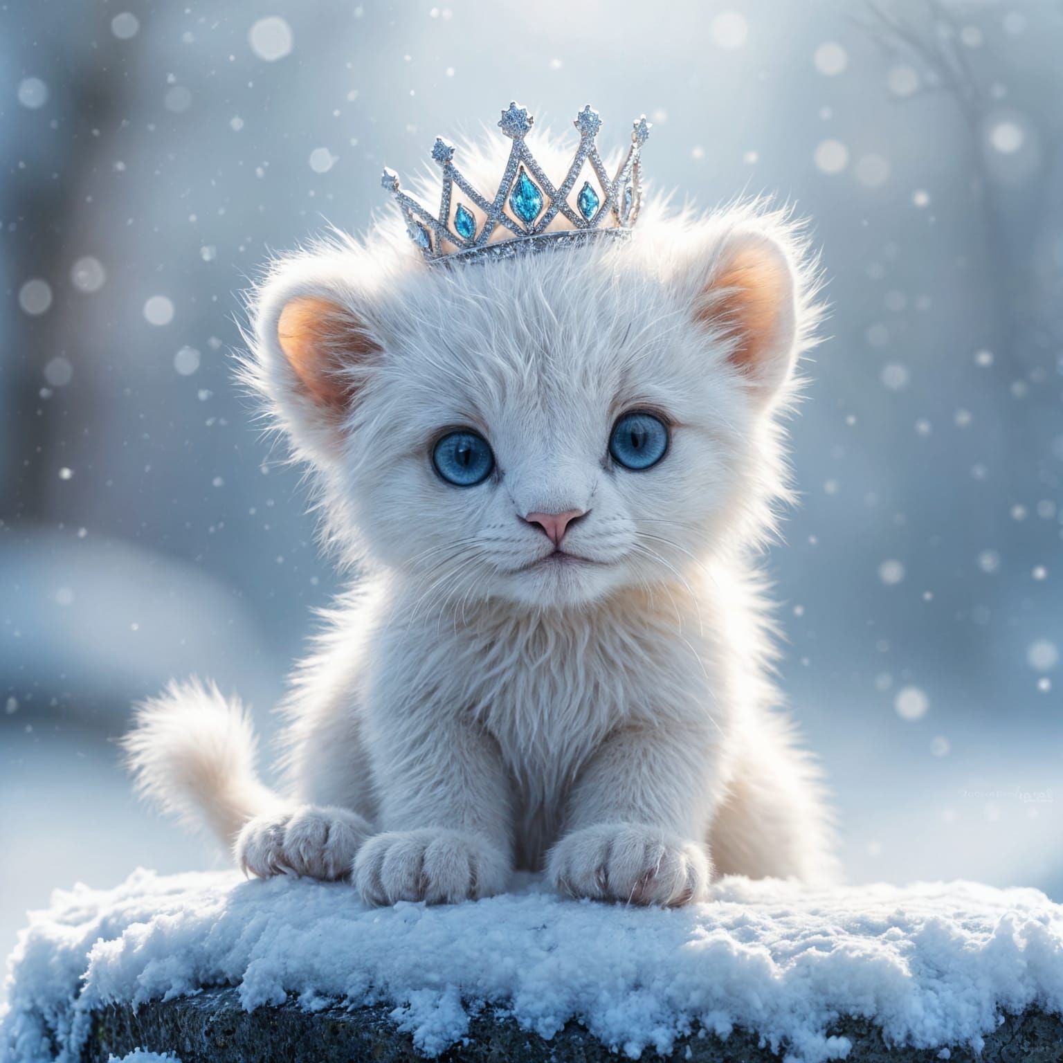 A fluffy white baby lion with icy blue eyes, wearing a tiny silver crown. It’s perched on a snowy rock, its soft fur glo...