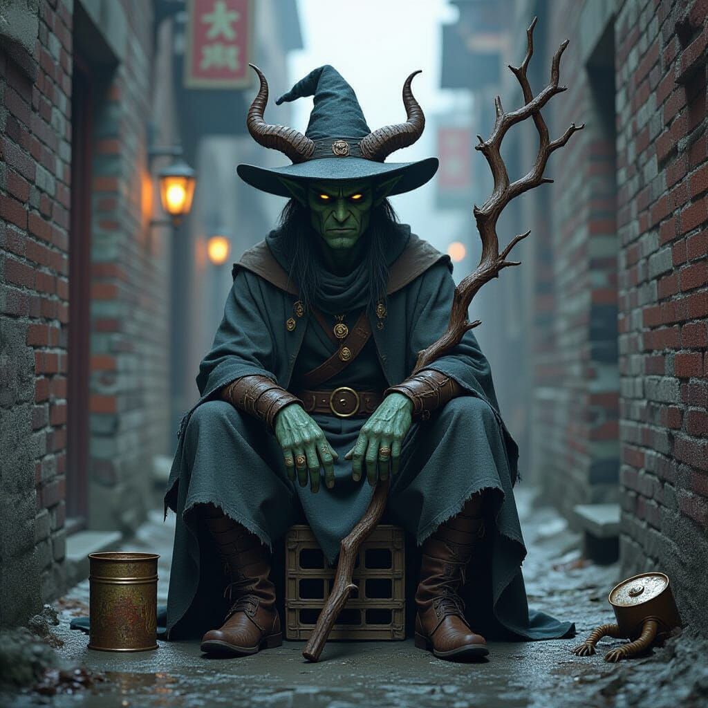 Homeless Tiefling Wizard in Grimy Alleyway