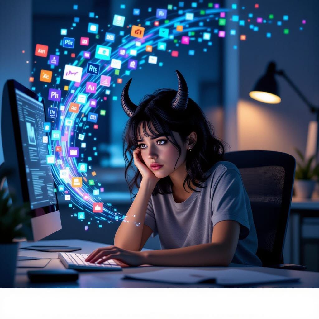 Tired Video Editor Girl with Software Icons