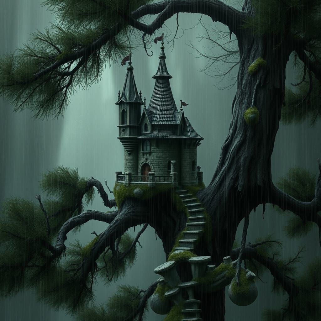 Whimsical Castle on a Dark Fir Tree in a Rainy Storm