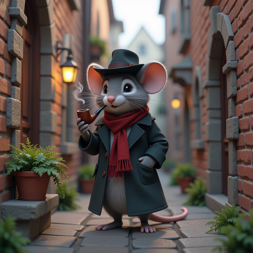 Mouse Detective in Gothic Alleyway: 3D Rendered Scene