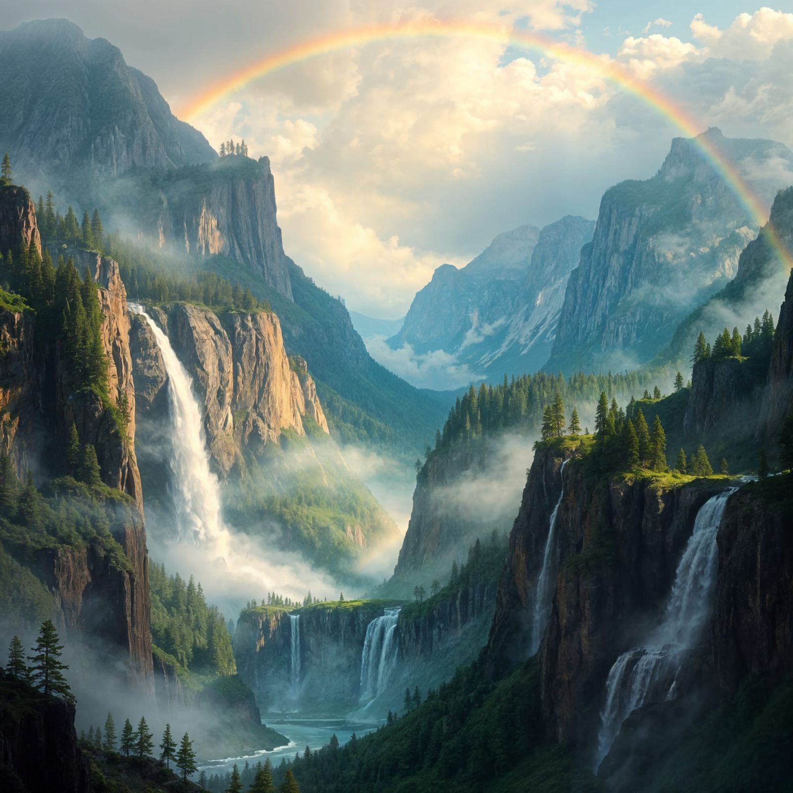 Majestic Waterfall Landscape with Rainbows