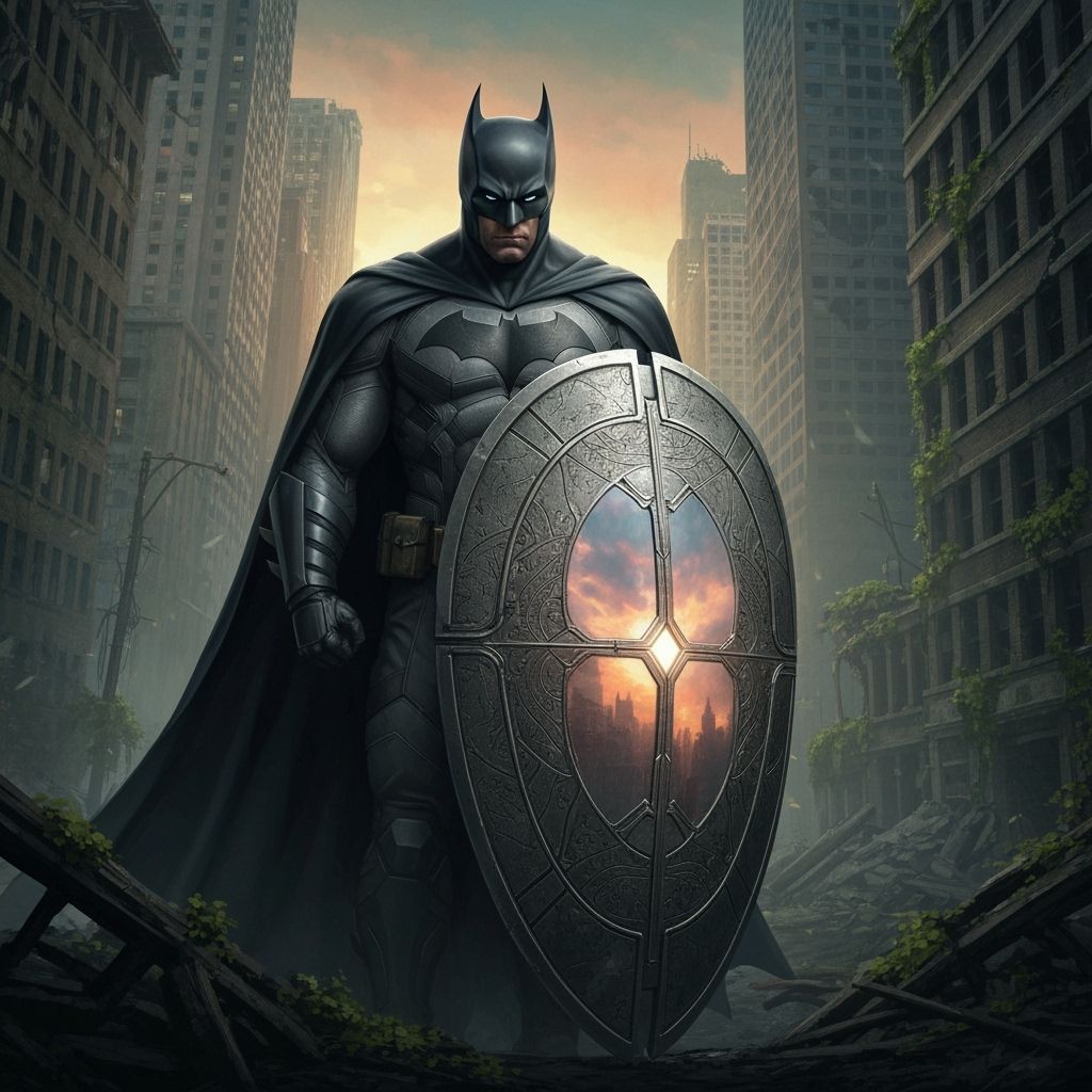 Batman's Melancholy Vigil Amidst Ruined Cityscape