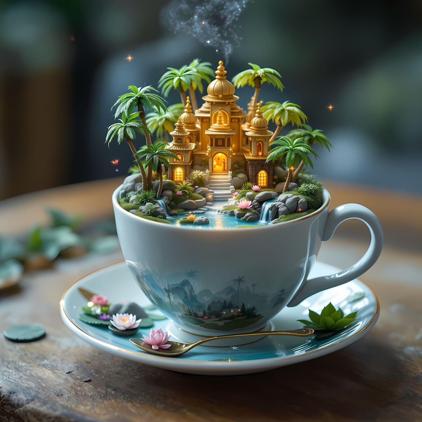 Surreal Flying Oasis Landscape in a Teacup