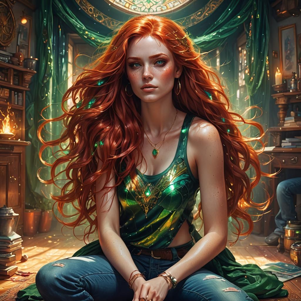 Red-Haired Woman with Emerald Eyes: Fantasy Art