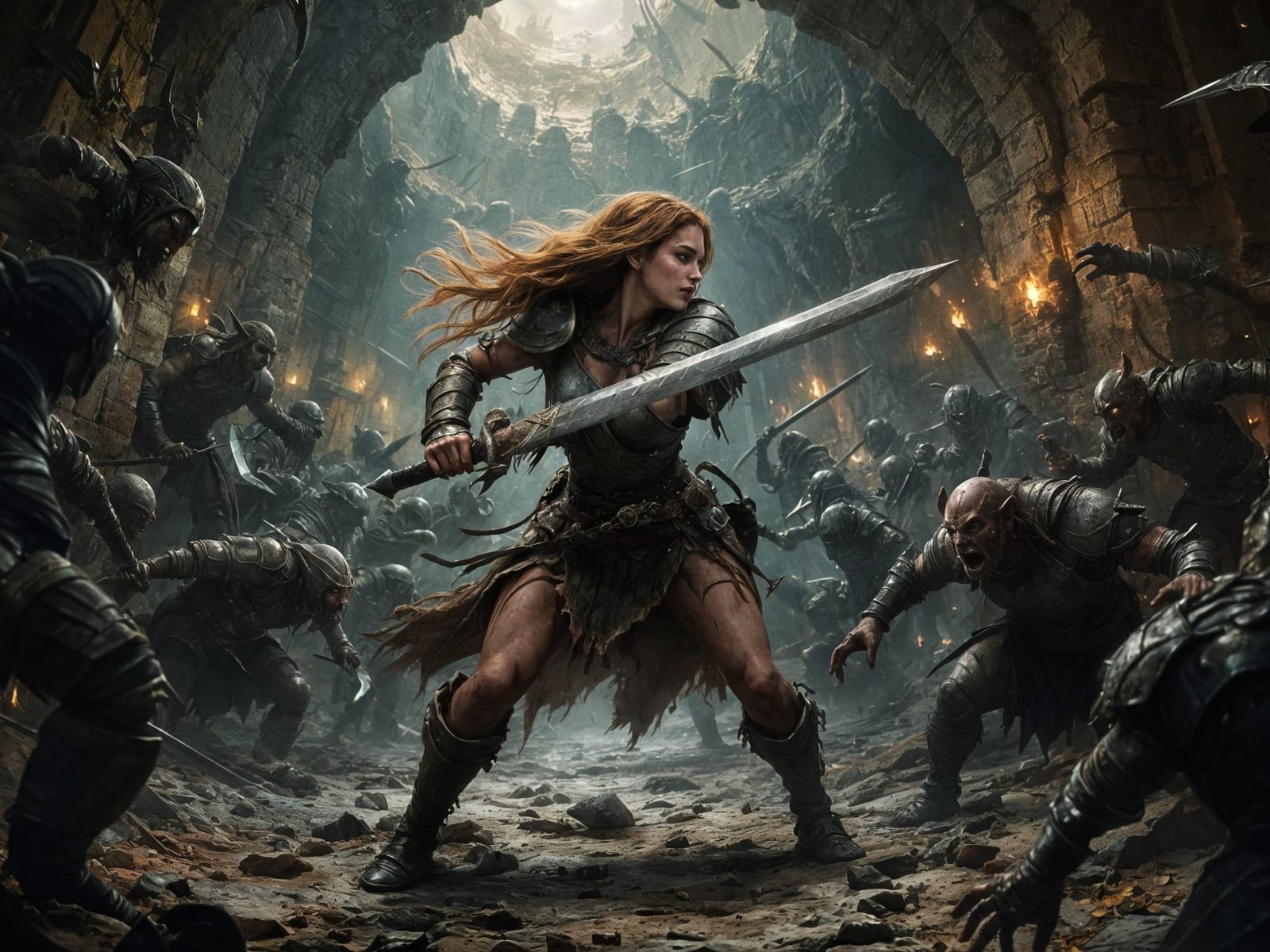 Warrior Battles Goblin Horde in Dark Fantasy Dungeon