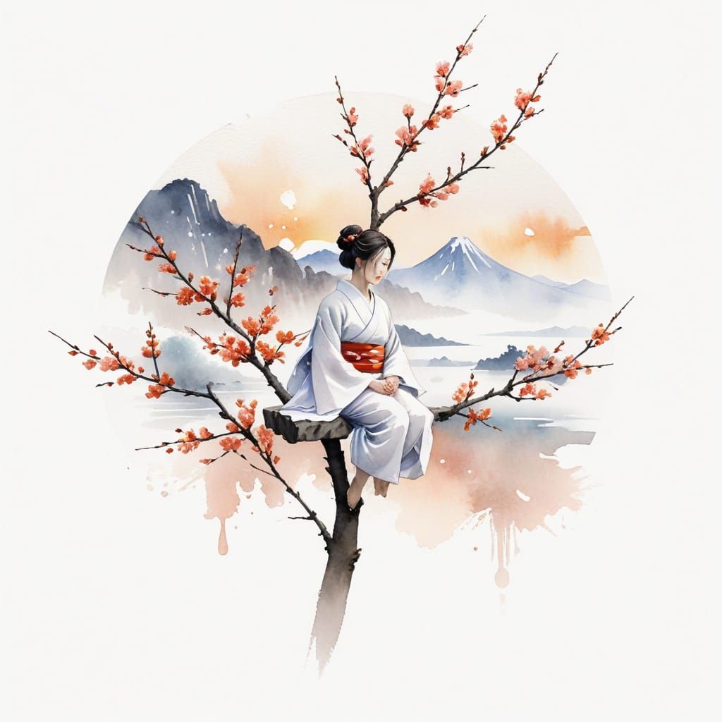 Ethereal Japanese Beauty in Watercolor Brushstrokes