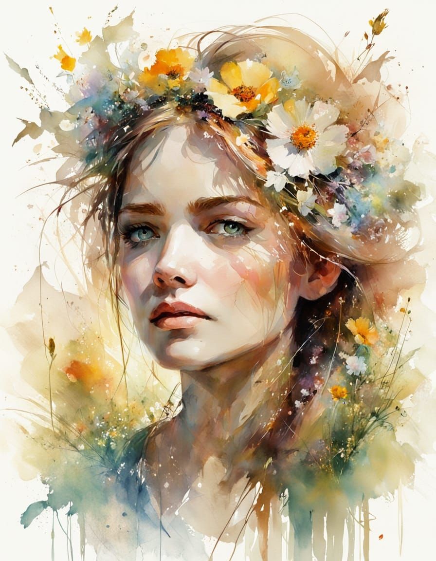 Soft Focus Watercolor Portrait of a Woman with Flowers in He...