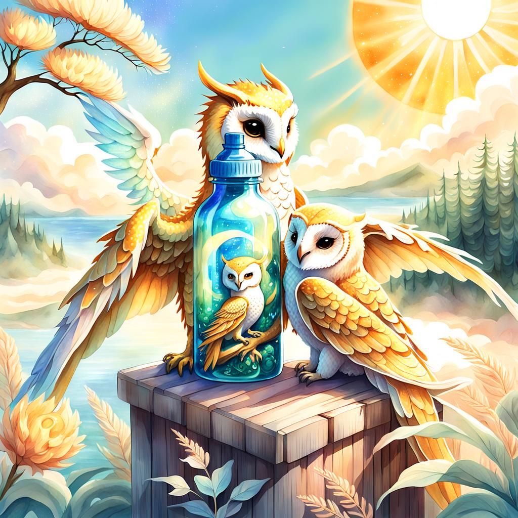 Golden Dragon-Owl Hybrid in a Whimsical Watercolor