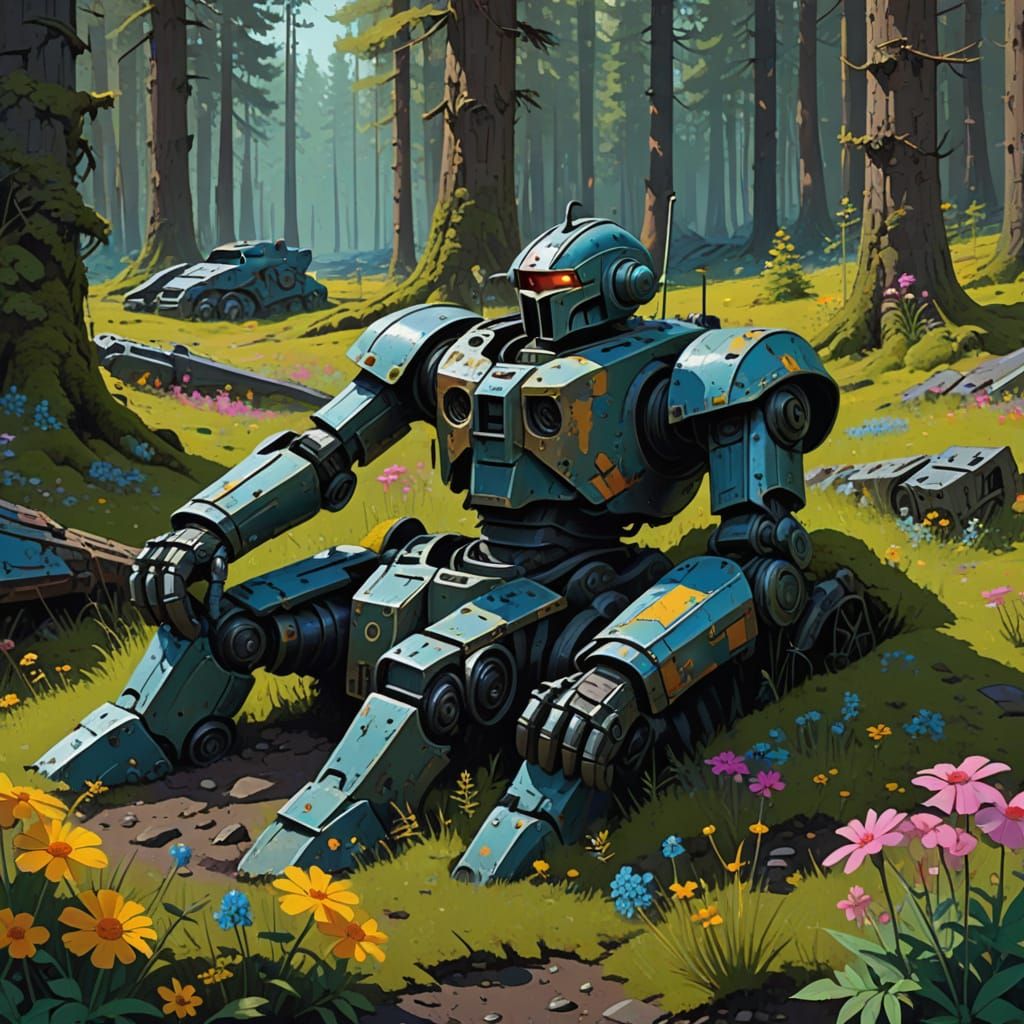 Knight Sleeping Beside Robot Ruins in Bizarre Forest