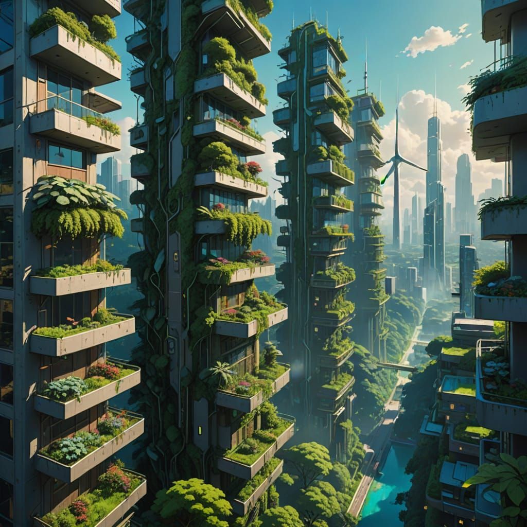 Whimsical Futuristic Cityscape with Vertical Forests and Sus...