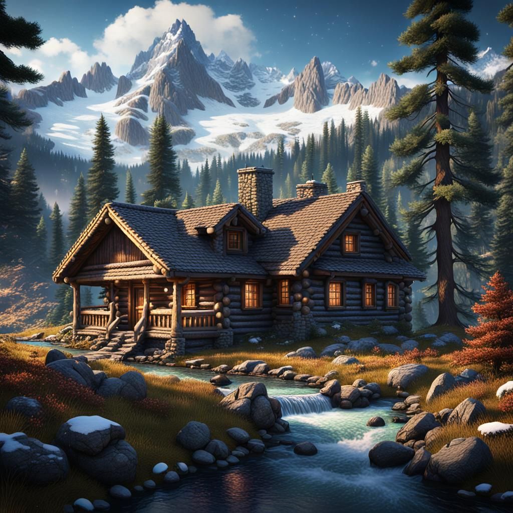Log Cabin in Snowy Mountains: Matte Painting
