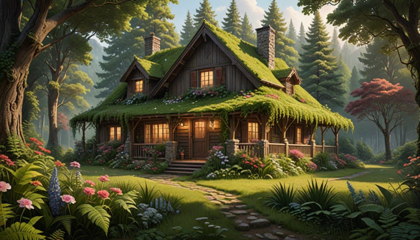 Romantic Watercolor Cabin in a Summer Forest