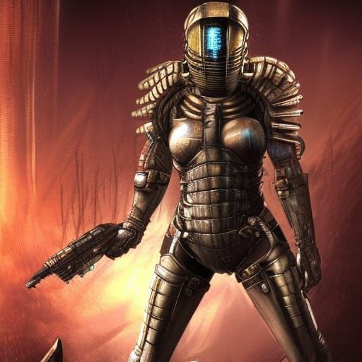Armored Woman Fighting Aliens in Dark Fantasy Style