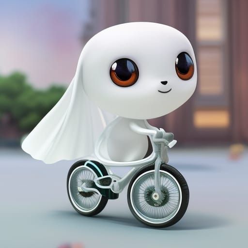 Enchanting Chibi Ghost Rides a Bike in Celestial Space