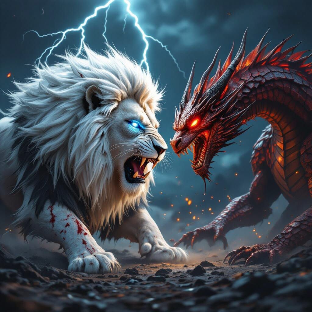 Lion Battles Demon Dragon in Epic Cinematic Style