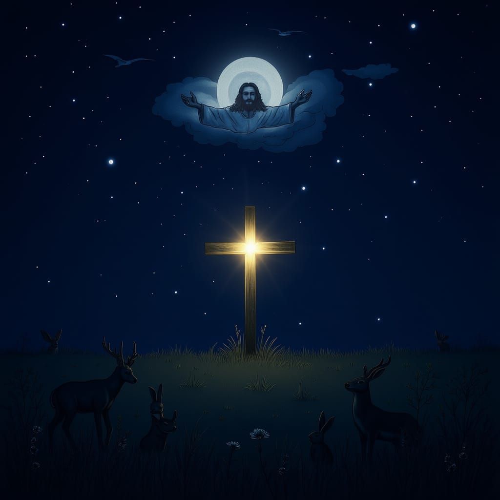 Line Art Cross with Wildlife and Jesus in Clouds