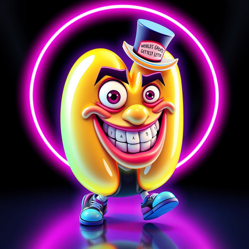 Electric Neon Cartoon Letter M with Sarcastic Expression