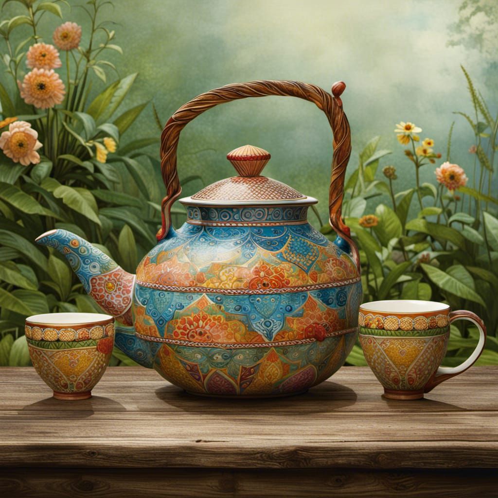 Whimsical Teapot and Cups in Garden Setting