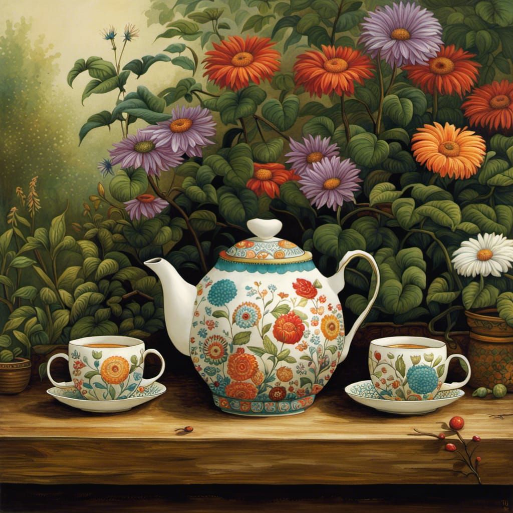 Whimsical Teapot with Cups in Garden Setting
