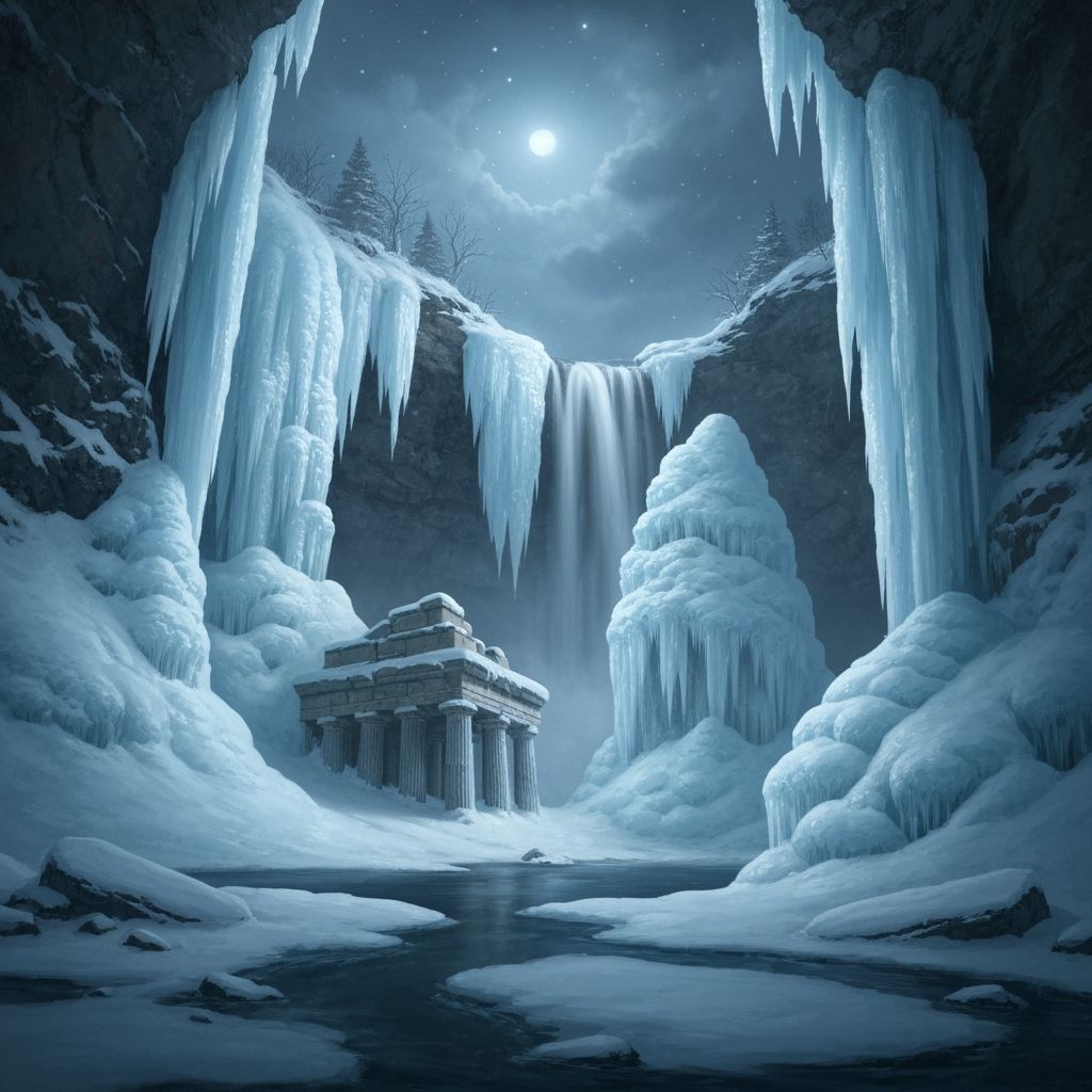 Frozen Waterfall Ruins in Ethereal Moonlight