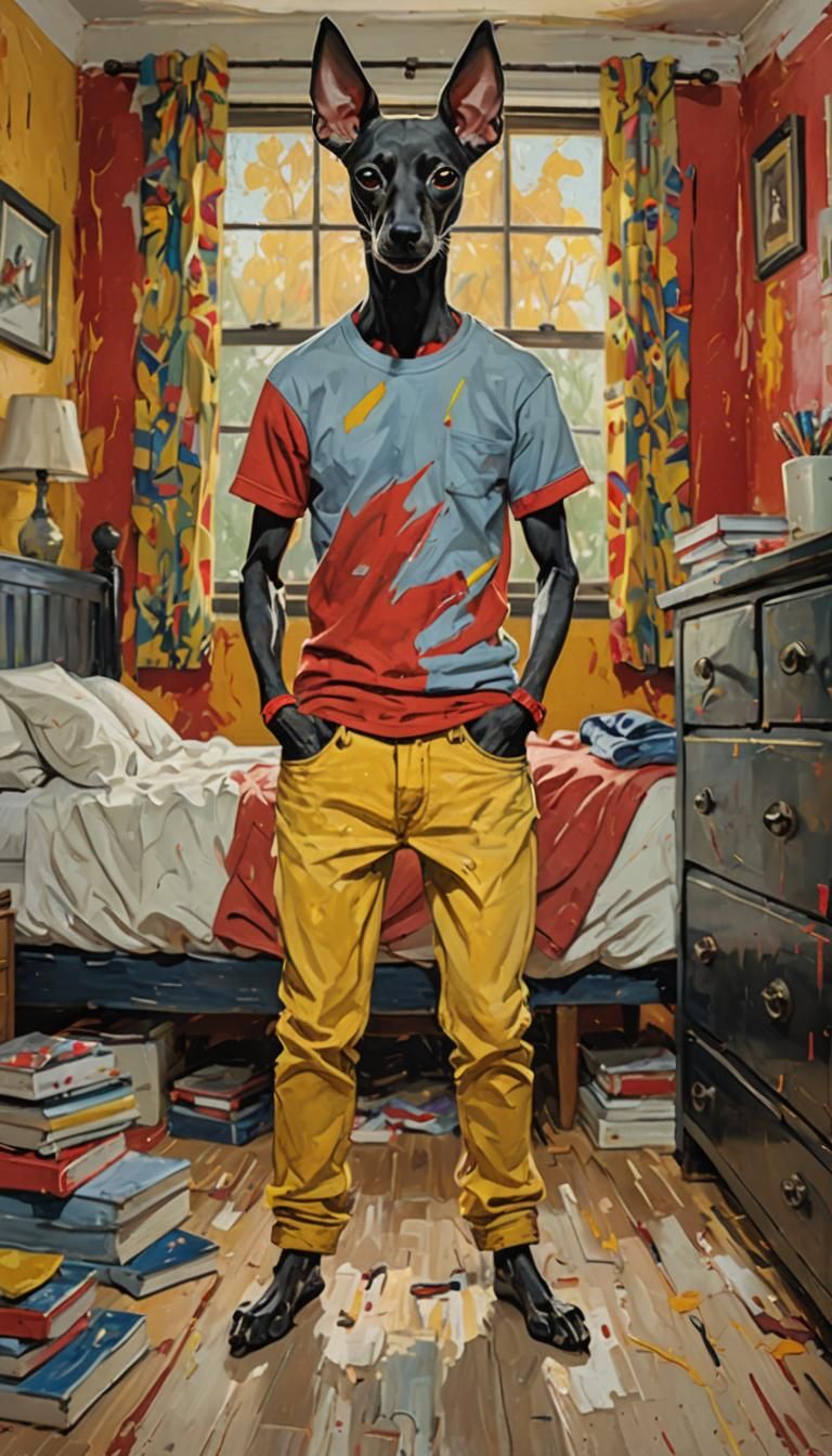 Impressionistic Xoloitzcuintli Teen in Suburban Bedroom